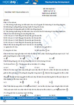 Bộ 5 đề thi HK1 môn Vật Lý 12 có đáp án năm 2021-2022 Trường THPT Phan Đăng Lưu