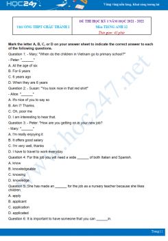 Đề thi HK1 môn Tiếng Anh 12 có đáp án năm 2021-2021 Trường THPT Châu Thành 1