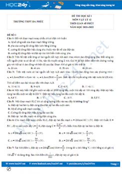Bộ 5 đề thi HK1 môn Vật Lý 12 có đáp án năm 2021-2022 Trường THPT Đa Phúc