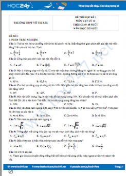 Bộ 5 đề thi HK1 môn Vật Lý 10 có đáp án năm 2021-2022 Trường THPT Võ Thị Sáu