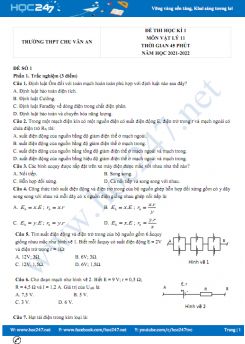 Bộ 5 đề thi HK1 môn Vật Lý 11 có đáp án năm 2021-2022 Trường THPT Chu Văn An