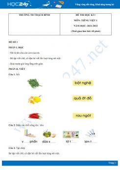 Bộ 3 đề thi HK1 môn Tiếng Việt 1 Cánh diều có đáp án năm 2021-2022 Trường TH Thạch Bình