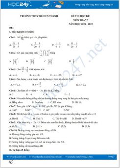 Bộ 4 đề thi HK1 môn Toán 7 có đáp án năm 2021-2022 Trường THCS Tô Hiến Thành