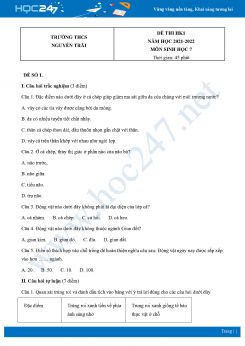Bộ 4 Đề thi HK1 môn Sinh học 7 năm 2021 - 2022 Trường THCS Nguyễn Trãi có đáp án