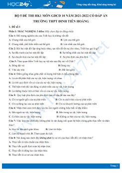 Bộ 5 đề thi HK1 môn GDCD 10 năm 2021-2022 có đáp án Trường THPT Đinh Tiên Hoàng