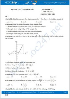 Bộ 4 đề thi HK1 môn Toán 10 có đáp án năm 2021-2022 Trường THPT Trần Đại Nghĩa