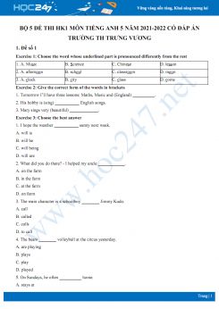 Bộ 5 đề thi HK1 môn Tiếng Anh 5 năm 2021-2022 có đáp án Trường TH Trưng Vương