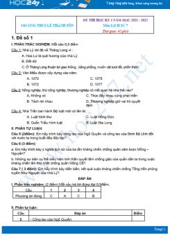 Bộ 4 đề thi HK1 môn Lịch sử 7 có đáp án năm 2021-2022 Trường THCS Lê Thánh Tôn