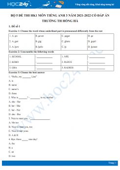 Bộ 5 đề thi HK1 môn Tiếng Anh 3 năm 2021-2022 có đáp án Trường TH Hồng Hà