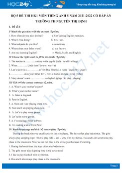 Bộ 5 đề thi HK1 môn Tiếng Anh 5 năm 2021-2022 có đáp án Trường TH Nguyễn Thị Định