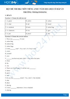 Bộ 5 đề thi HK1 môn Tiếng Anh 3 năm 2021-2022 có đáp án Trường TH Bạch Đằng