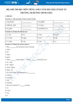 Bộ 4 đề thi HK1 môn Tiếng Anh 3 năm 2021-2022 có đáp án Trường TH Dương Minh Châu