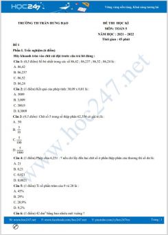 Bộ 4 đề thi HK1 môn Toán 5 có đáp án năm 2021-2022 Trường TH Trần Hưng Ðạo