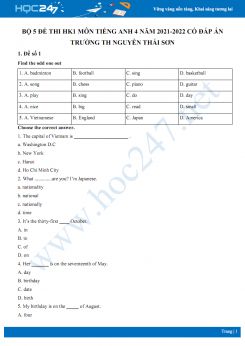 Bộ 5 đề thi HK1 môn Tiếng Anh 4 năm 2021-2022 có đáp án Trường TH Nguyễn Thái Sơn