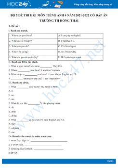 Bộ 5 đề thi HK1 môn Tiếng Anh 4 năm 2021-2022 có đáp án Trường TH Hồng Thái