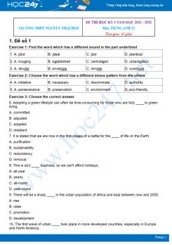 Bộ 5 đề thi HK1 môn Tiếng Anh 12 có đáp án năm 2021-2022 Trường THPT Nguyễn Thái Học