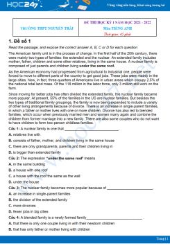 Bộ 5 đề thi HK1 môn Tiếng Anh 10 có đáp án năm 2021-2022 Trường THPT Nguyễn Trãi