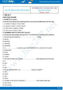 Bộ 5 đề thi HK1 môn Tiếng Anh 10 có đáp án năm 2021-2022 Trường THPT Nguyễn Trung Trực