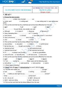 Bộ 4 đề thi HK1 môn Tiếng Anh 10 có đáp án năm 2021-2022 Trường THPT Nguyễn Thị Minh Khai