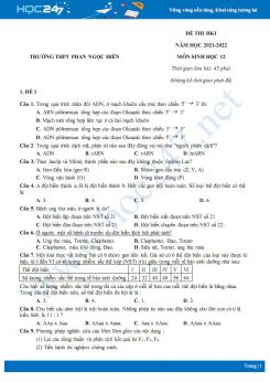 Bộ 4 đề thi HK1 môn Sinh học 12 năm 2021-2022 - Trường THPT Phan Ngọc Hiển có đáp án
