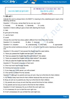 Bộ 4 đề thi HK1 môn Tiếng Anh 12 có đáp án năm 2021-2022 Trường THPT Lê Quý Đôn