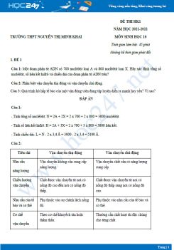 Bộ 4 đề thi HK1 môn Sinh học 10 năm 2021-2022 - Trường THPT Nguyễn Thị Minh Khai có đáp án