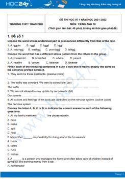 Bộ 4 đề thi HK1 môn Tiếng Anh 10 có đáp án năm 2021-2022 Trường THPT Trần Phú