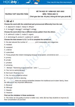 Bộ 4 đề thi HK1 môn Tiếng Anh 12 có đáp án năm 2021-2022 Trường THPT Nguyễn Trân