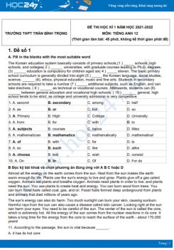 Bộ 5 đề thi HK1 môn Tiếng Anh 12 có đáp án năm 2021-2022 Trường THPT Trần Bình Trọng