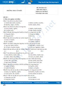Bộ 5 đề thi HK1 môn Hóa học 9 có đáp án năm 2021-2022 Trường THCS Tân Bửu