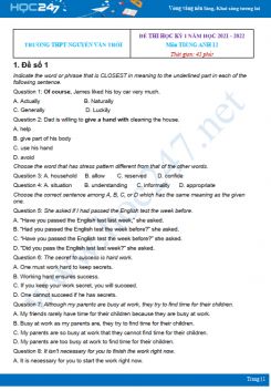 Bộ 4 đề thi HK1 môn Tiếng Anh 12 có đáp án năm 2021-2022 Trường THPT Nguyễn Văn Trỗi