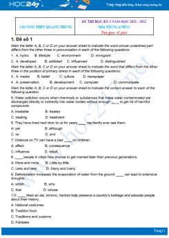 Bộ 4 đề thi HK1 môn Tiếng Anh 12 có đáp án năm 2021-2022 Trường THPT Quang Trung