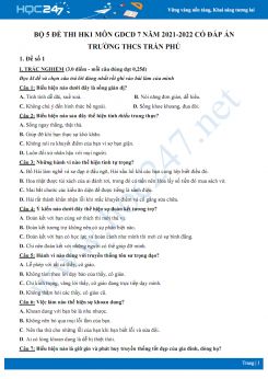 Bộ 5 đề thi HK1 môn GDCD 7 năm 2021-2022 có đáp án Trường THCS Trần Phú