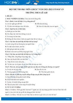 Bộ 5 đề thi HK1 môn GDCD 7 năm 2021-2022 có đáp án Trường THCS Lê Lợi