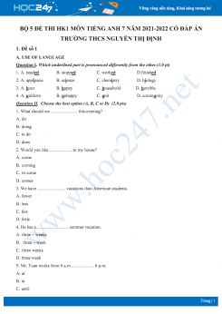 Bộ 5 đề thi HK1 môn Tiếng Anh 7 năm 2021-2022 có đáp án Trường THCS Nguyễn Thị Định