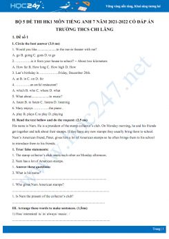 Bộ 5 đề thi HK1 môn Tiếng Anh 7 năm 2021-2022 có đáp án Trường THCS Chi Lăng
