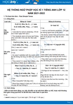 Hệ thống ngữ pháp học kì 1 Tiếng Anh lớp 12 năm 2021-2022
