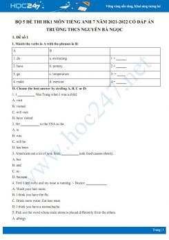 Bộ 5 đề thi HK1 môn Tiếng Anh 7 năm 2021-2022 có đáp án Trường THCS Nguyễn Bá Ngọc