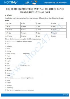 Bộ 5 đề thi HK1 môn Tiếng Anh 7 năm 2021-2022 có đáp án Trường THCS Lê Thanh Nghị