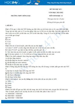Bộ 5 đề thi HK1 môn Sinh học 12 năm 2021-2022 - Trường THPT Đồng Đậu có đáp án
