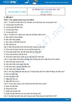 Bộ 5 đề thi HK1 môn Lịch sử 8 có đáp án năm 2021-2022 Trường THCS Vũ Ninh
