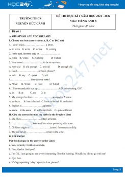 Bộ 5 đề thi HK1 môn Tiếng Anh 8 năm 2021-2022 có đáp án Trường THCS Nguyễn Đức Cảnh