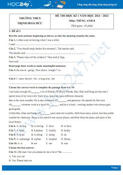 Bộ 5 đề thi HK1 môn Tiếng Anh 8 năm 2021-2022 có đáp án Trường THCS Trịnh Hoài Đức