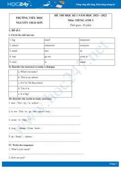 Bộ 5 đề thi HK1 môn Tiếng Anh 3 năm 2021-2022 có đáp án Trường TH Nguyễn Thái Sơn