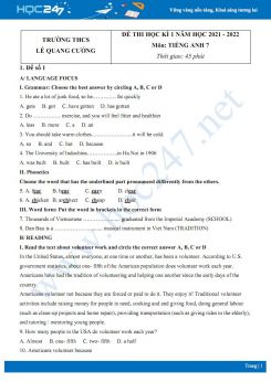 Bộ 5 đề thi HK1 môn Tiếng Anh 7 năm 2021-2022 có đáp án Trường THCS Lê Quang Cường