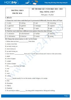 Bộ 5 đề thi HK1 môn Tiếng Anh 7 năm 2021-2022 có đáp án Trường THCS Phước Hải