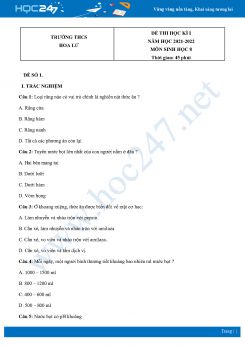 Bộ 5 Đề thi HK1 môn Sinh học 8 năm 2021 - 2022 Trường THCS Hoa Lư có đáp án