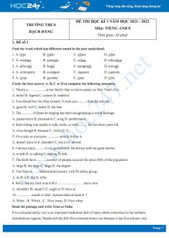 Bộ 5 đề thi HK1 môn Tiếng Anh 8 năm 2021-2022 có đáp án Trường THCS Bạch Đằng