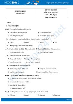 Bộ 5 Đề thi HK1 môn Sinh học 8 năm 2021 - 2022 Trường THCS Phong Phú có đáp án