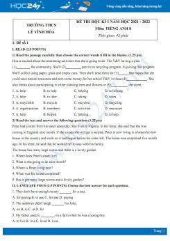 Bộ 5 đề thi HK1 môn Tiếng Anh 8 năm 2021-2022 có đáp án Trường THCS Lê Vĩnh Hòa